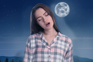 Young woman wearing pajamas in sleepwalking state and beautiful starry sky with full moon at night...