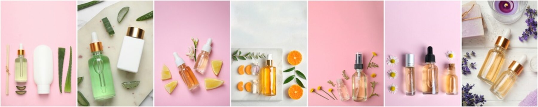 Collage with beautiful photos of different natural essential oils, top view. Banner design