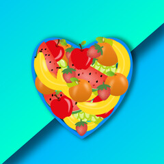 different fruit in heart shape on blue gradient background.