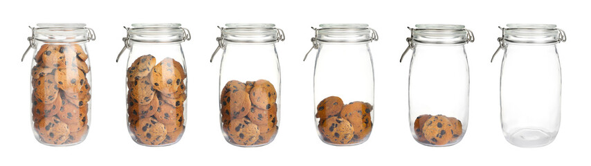 Glass jars with tasty chocolate chip cookies and empty one on white background, collage. Banner...