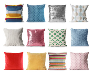 Set with different stylish decorative pillows on white background