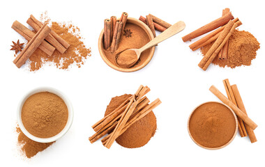 Set with aromatic cinnamon sticks and powder on white background, top view