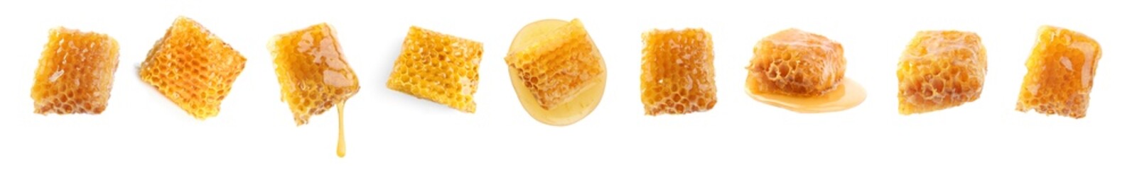 Set with fresh delicious honeycombs on white background. Banner design