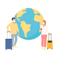 Smiling young man and woman wearing medical masks with baggage. Travellers. Flat vector illustration.