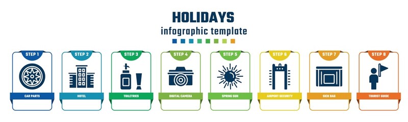 holidays concept infographic design template. included car parts, hotel, toiletries, digital camera, spring sun, airport security portal, sick bag, tourist guide icons and 8 options or steps.