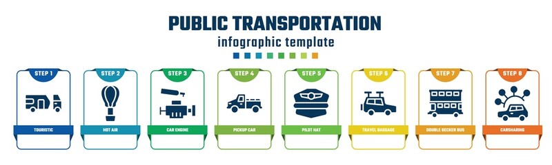 public transportation concept infographic design template. included touristic, hot air, car engine, pickup car, pilot hat, travel baggage, double decker bus, carsharing icons and 8 options or steps.