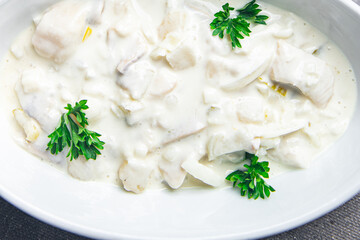 herring sour cream sauce fresh healthy meal food snack diet on the table copy space food background rustic top view pescatarian diet