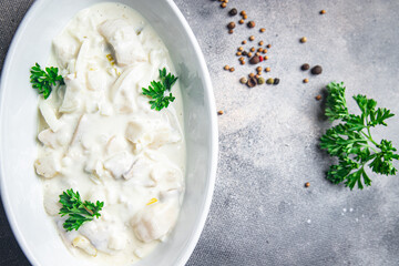 herring sour cream sauce fresh healthy meal food snack diet on the table copy space food background rustic top view pescatarian diet