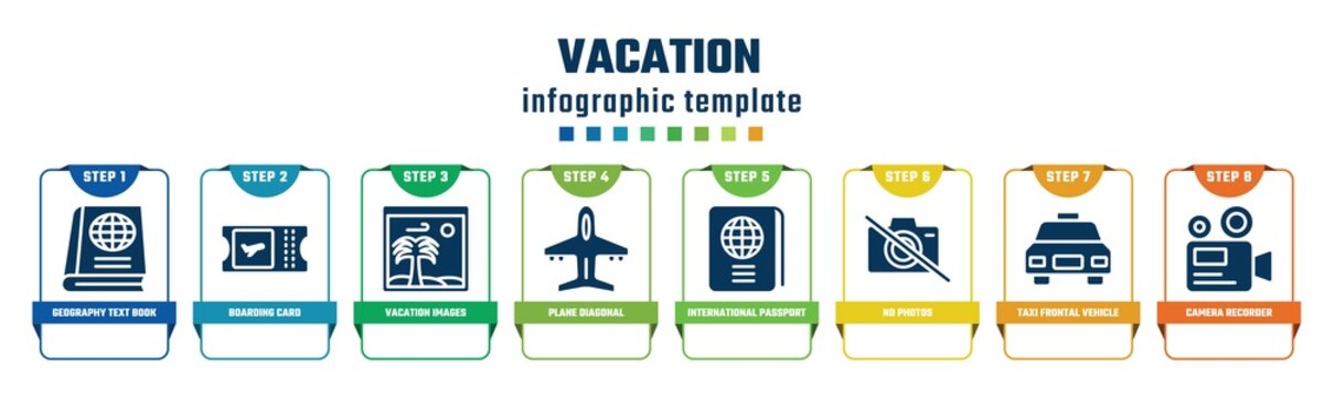 vacation concept infographic design template. included geography text book, boarding card, vacation images, plane diagonal, international passport, no photos, taxi frontal vehicle, camera recorder