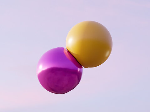 3d render of two balls collision. Purple and yellow colors