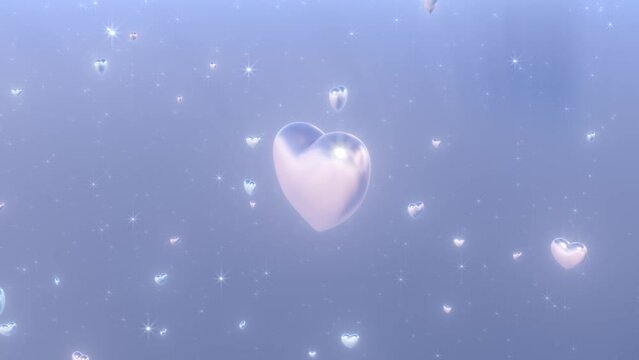 Spinning Shiny Love Heart Shapes Float in Sparkle Cloudy Heavenly Sky - 4K Seamless VJ Loop Motion Background Animation