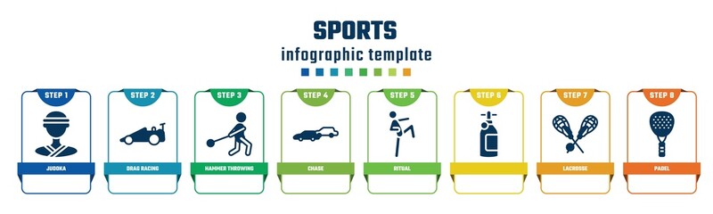 sports concept infographic design template. included judoka, drag racing, hammer throwing, chase, ritual, , lacrosse, padel icons and 8 options or steps.