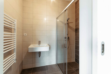 A small simple bathroom without a mirror.  The bathroom has a large rectangular sink, a large and spacious shower with sliding glass doors and a heating ladder.