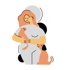 Vector illustration of woman caring for pets