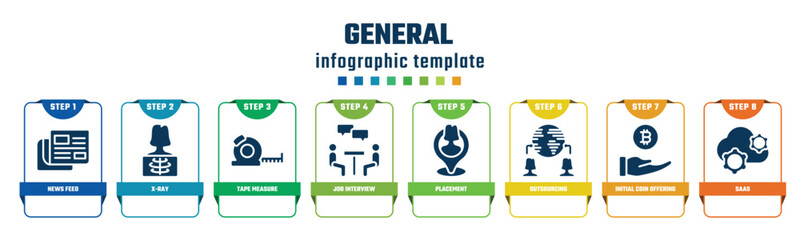 general concept infographic design template. included news feed, x-ray, tape measure, job interview, placement, outsourcing, initial coin offering, saas icons and 8 options or steps.