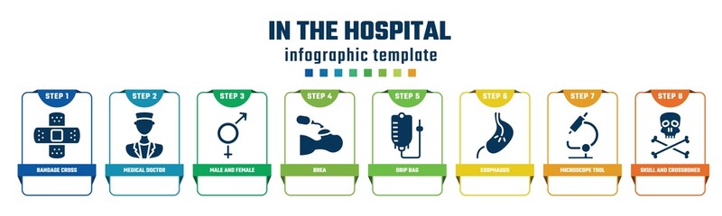 in the hospital concept infographic design template. included bandage cross, medical doctor, male and female, brea, drip bag, esophagus, microscope tool, skull and crossbones icons and 8 options or