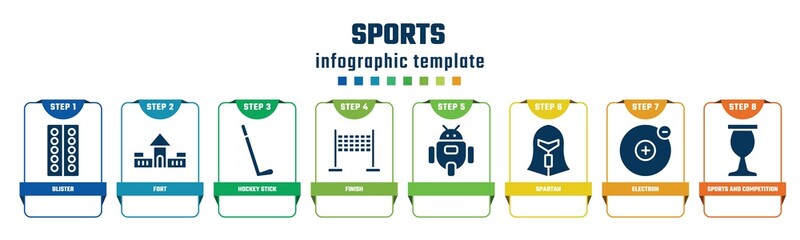sports concept infographic design template. included blister, fort, hockey stick, finish, , spartan, electron, sports and competition icons and 8 options or steps.