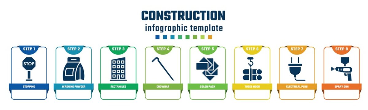 construction concept infographic design template. included stopping, washing powder, rectangles, crowbar, color pack, tubes hook, electrical plug, spray gun icons and 8 options or steps.
