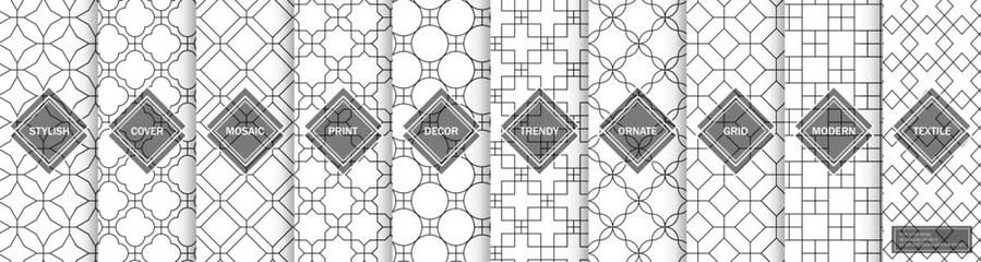 Collection of seamless ornamental geometric patterns. Elegant repeatable oriental backgrounds. Black and white textures - symmetric prints. You can find endless design in swatches panel