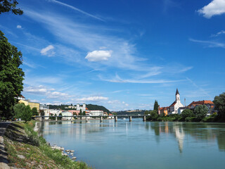 Fototapeta premium View of the city of Passau, Bavaria, Germany with the Marienbrucke bridge over the river Inn