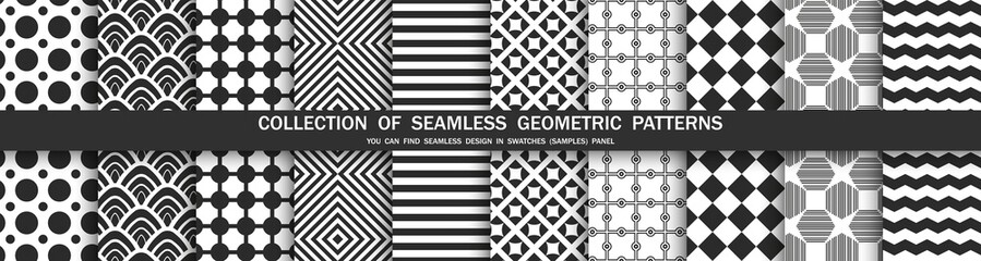 Collection of black and white seamless geometric patterns. Monochrome stylish decorative textures. You can find endless design in swatches panel