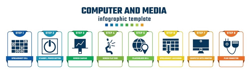 computer and media concept infographic design template. included spreadsheet cell row, standby, power button, screen canvas, screen flat side view, placeholder on a globe, spreadsheet ascending - obrazy, fototapety, plakaty