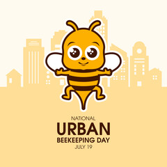 National Urban Beekeeping Day vector. Cute cartoon honey bee and city skyline silhouette icon vector. Beekeeping in the city illustration. July 19. Important day