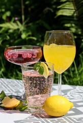 Colorful refreshing cocktails on garden table. Pink blossom of potted plants. Sunny weekend in the garden. 