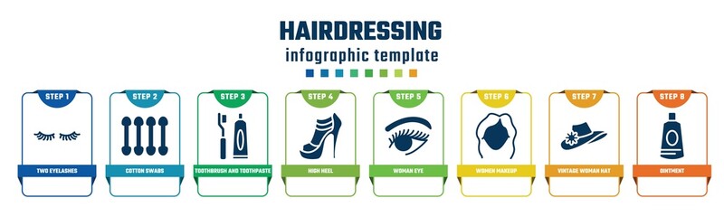 hairdressing concept infographic design template. included two eyelashes, cotton swabs, toothbrush and toothpaste, high heel, woman eye, women makeup, vintage woman hat, ointment icons and 8 options