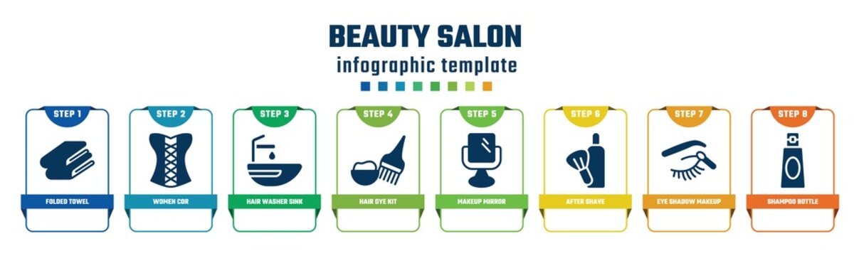 beauty salon concept infographic design template. included folded towel, women cor, hair washer sink, hair dye kit, makeup mirror, after shave, eye shadow makeup, shampoo bottle icons and 8 options