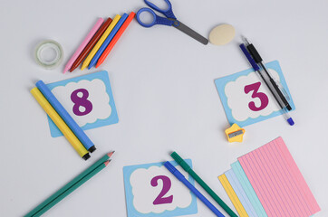 school supplies with numbers on cards. High quality photo