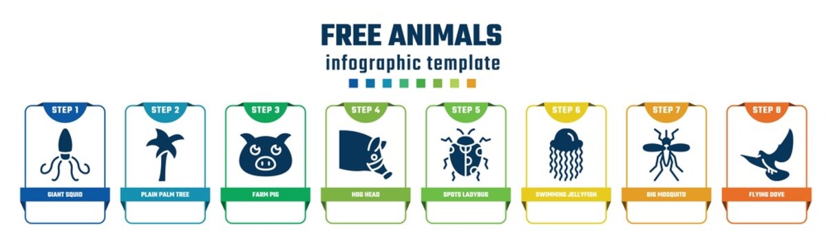 free animals concept infographic design template. included giant squid, plain palm tree, farm pig, hog head, spots ladybug, swimming jellyfish, big mosquito, flying dove icons and 8 options or