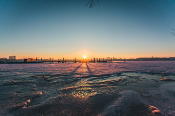 Germany, Hamburg, ice covered Aussenalster during winter