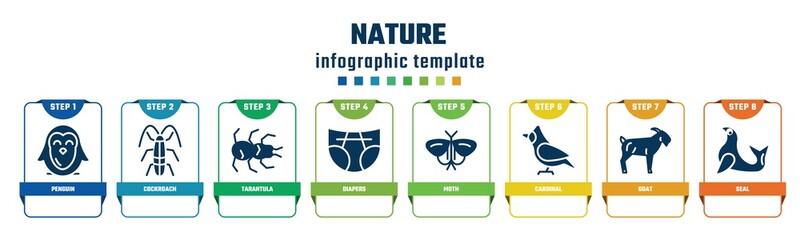 nature concept infographic design template. included penguin, cockroach, tarantula, diapers, moth, cardinal, goat, seal icons and 8 options or steps.