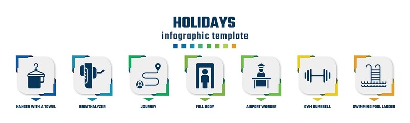 holidays concept infographic design template. included hanger with a towel, breathalyzer, journey, full body, airport worker, gym dumbbell, swimming pool ladder icons and 7 option or steps.