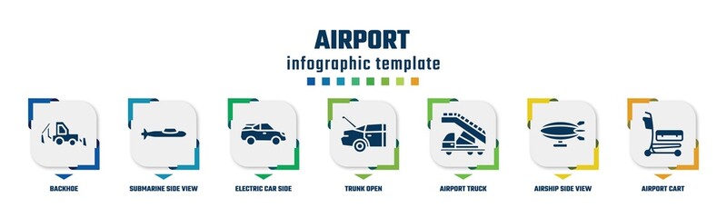 airport concept infographic design template. included backhoe, submarine side view, electric car side view, trunk open, airport truck, airship side view, airport cart icons and 7 option or steps.