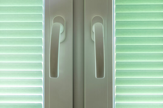 double window with closed pleated blinds