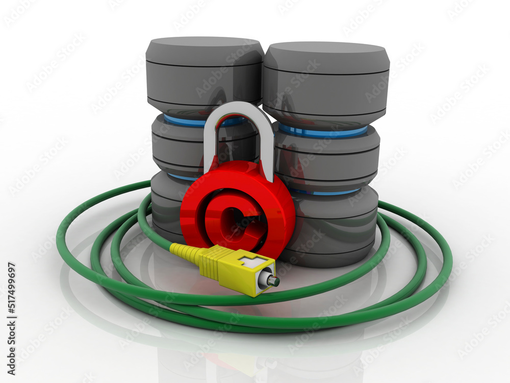 Poster 3d rendering database storage data base with copyright lock near aux cable