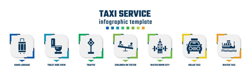 taxi service concept infographic design template. included hand luggage, toilet side view, traffic, children on teeter totter, water bomb city supplier, solar taxi, water taxi icons and 7 option or