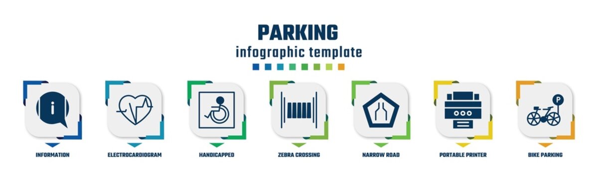 parking concept infographic design template. included information, electrocardiogram inside heart, handicapped, zebra crossing, narrow road, portable printer, bike parking icons and 7 option or