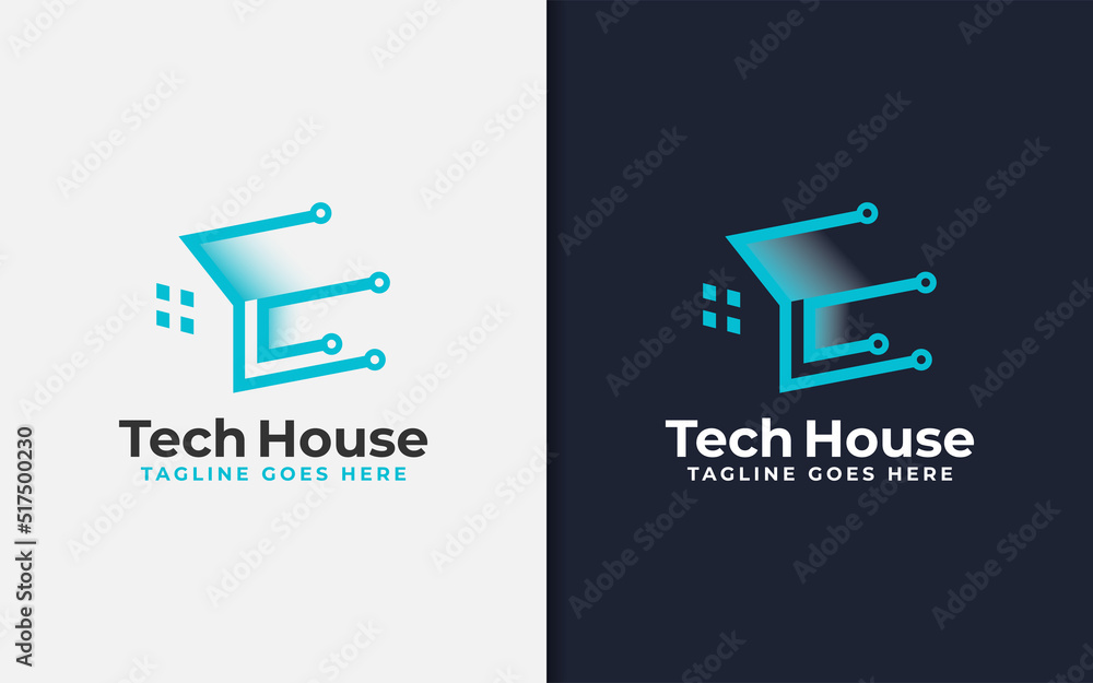 Poster Abstract Tech House Logo Design. Modern House Symbol and Tech Element Combination with Stylish Geometric Lines Concept.