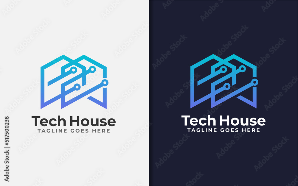 Poster abstract tech house logo design. modern house symbol and tech element combination with stylish geome