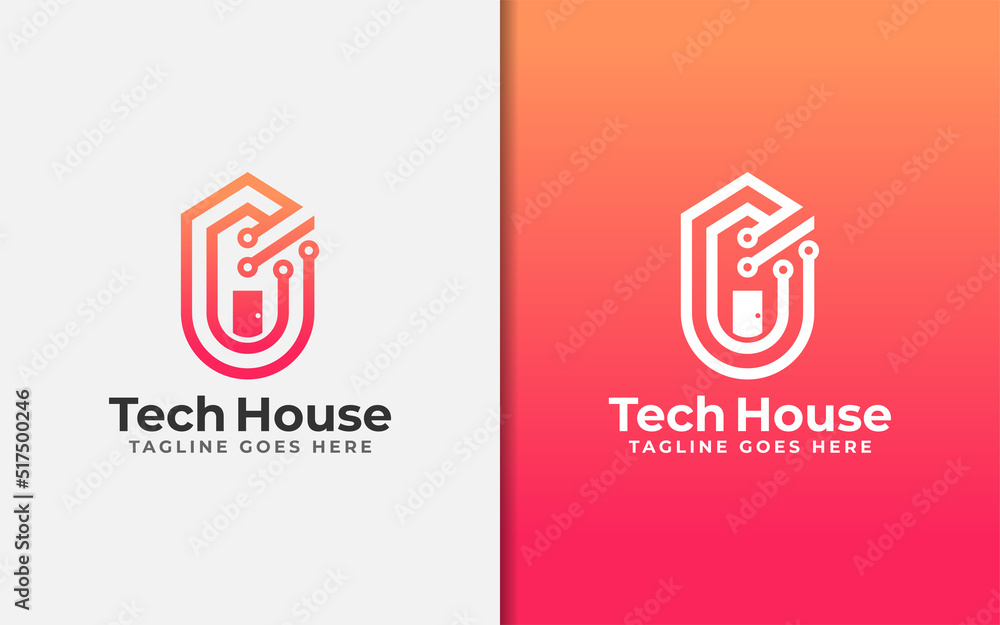 Poster Abstract Tech House Logo Design. Modern House Symbol and Tech Element Combination with Stylish Geometric Lines Concept.