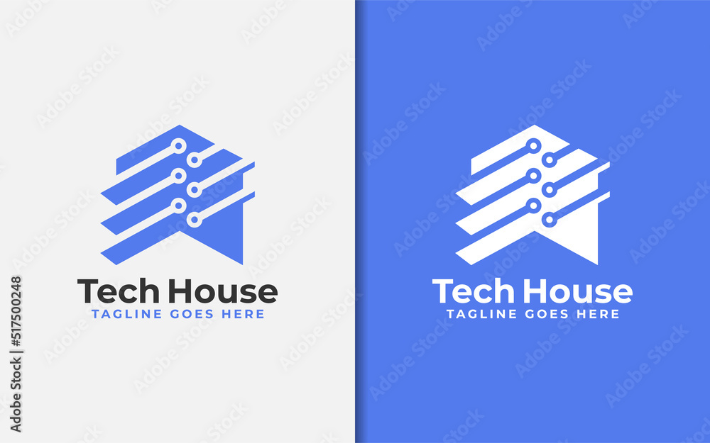 Poster abstract tech house logo design. modern house symbol and tech element combination with stylish geome