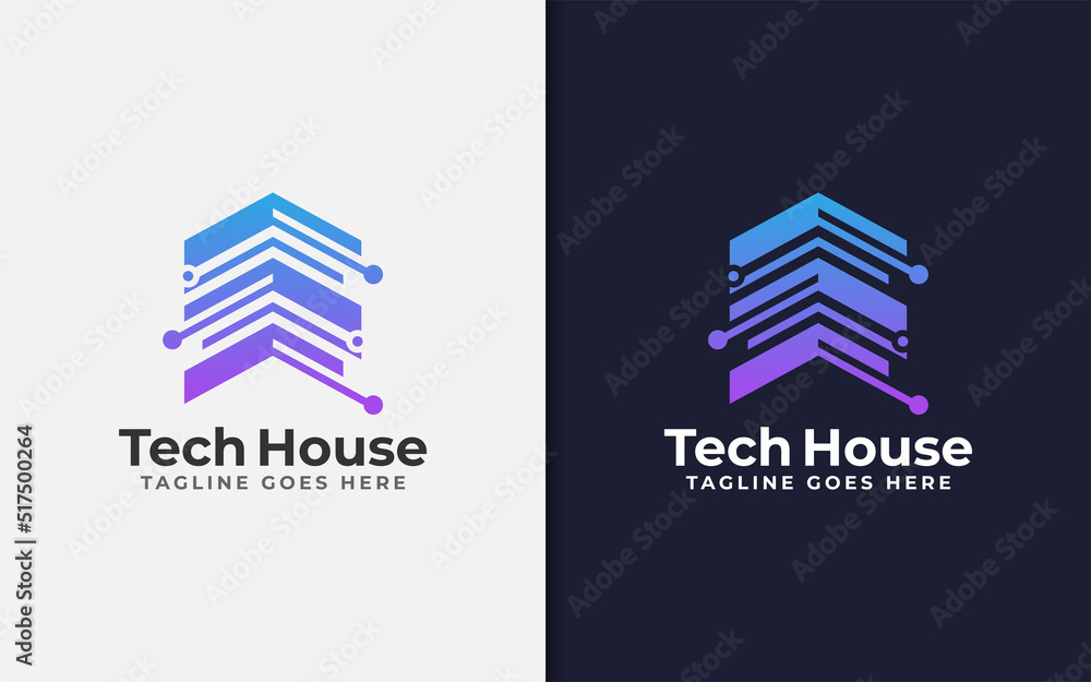 Poster Abstract Tech House Logo Design. Modern House Symbol and Tech Element Combination with Stylish Geometric Lines Concept.