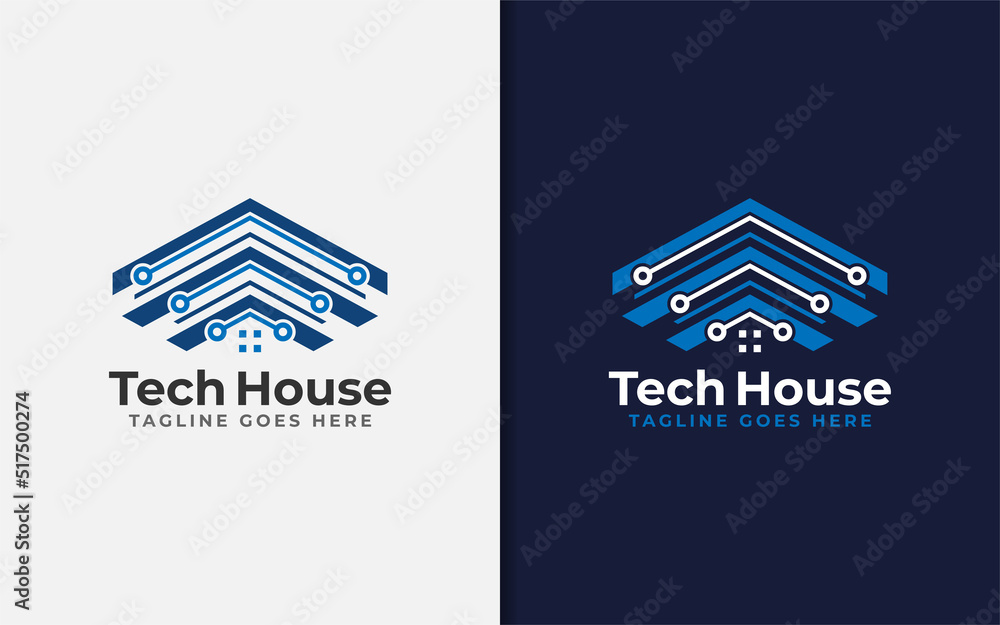 Poster Abstract Tech House Logo Design. Modern House Symbol and Tech Element Combination with Stylish Geometric Lines Concept.