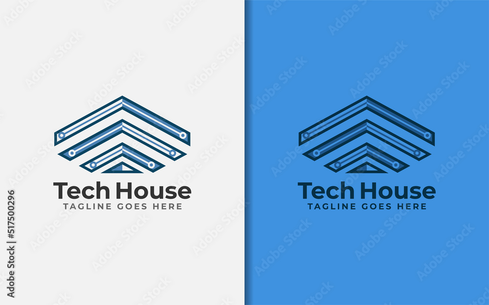 Poster Abstract Tech House Logo Design. Modern House Symbol and Tech Element Combination with Stylish Geometric Lines Concept.