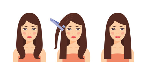 Brunette Woman and Hair Straightener. Before and After. Steps. Beautiful Straight Hair. Happy Young Lady Doing her Hair. Color Cartoon style. White background. Vector illustration for Beauty Design.