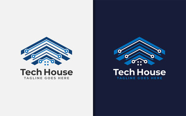 Abstract Tech House Logo Design. Modern House Symbol and Tech Element Combination with Stylish Geometric Lines Concept.