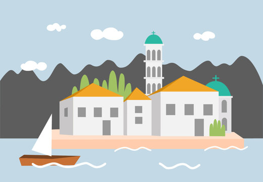 digital vector travel  image. Landscape. Sea, island, 
pier, boat, houses, church, mountains. 
horizontal design template for textile print, 
tourism card, poster, banner
